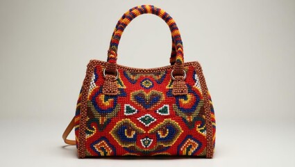 Beaded Bag. Boho colorful embroidered handbag with handles for casual