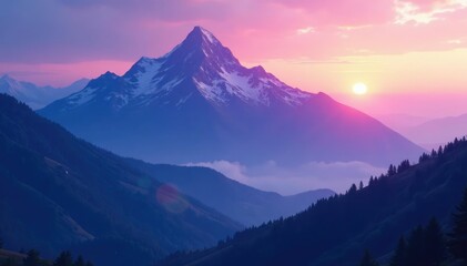 Misty dawn breaks over a serene mountain peak with blue hues and purple shadows, purple, shadows