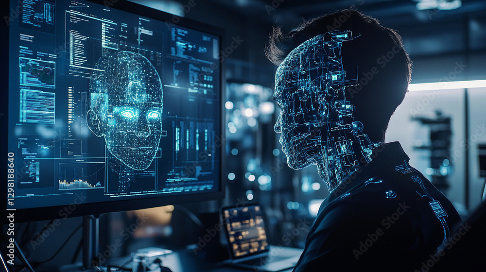 Poster digital transformation modern technology ai futuristic concept programmer working on artificial data