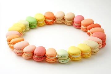 Obraz premium Colorful Circular Arrangement of Delicate French Macarons on White