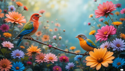 Colorful Birds in a Floral Paradise