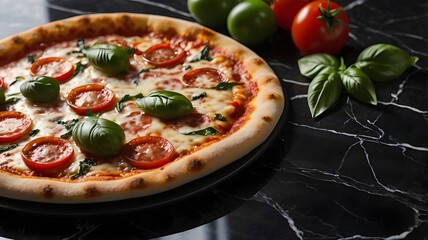 Tasty pepperoni pizza with cooking ingredients, tomatoes, and basil on a black marble background