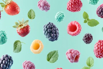 Colorful Assortment of Berries and Mint Leaves on Light Background