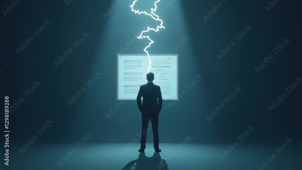 Poster fact-checker. man is standing in front of computer screen with lightning coming out of it