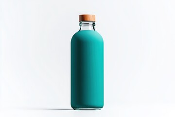 Unique turquoise glass bottle with wooden cap against minimalist background appeals to modern aesthetics