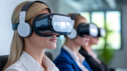 Women Engaged in Virtual Reality Experience in Modern Office Setting