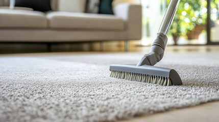 Vacuum cleaning a carpet in a modern living room, symbolizing professional deep cleaning services.