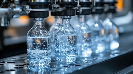 Sparkling water bottling plant close-up of bottles filling on a production line.  Crystal clear water fills transparent bottles.