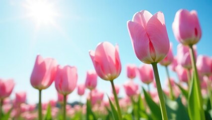 Soft pink tulips swaying in the breeze under a clear sunny sky, tulips, pink flowers, wind