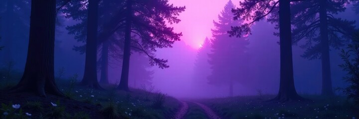Naklejka premium Soft purple light envelops a misty forest landscape at dusk, natural, forest