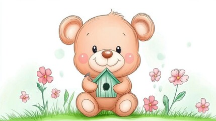 Fototapeta premium Cute Cartoon Bear Holding Birdhouse Surrounded by Flowers