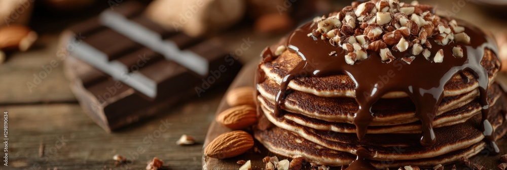 Poster Delicious stack of chocolate pancakes topped with nuts and served with chocolate and almonds on a rustic wooden table. Generative AI