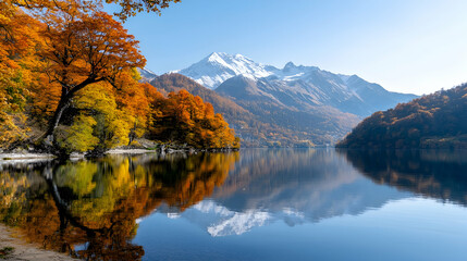 Fototapeta premium Autumn lake reflection, snowy mountains, calm water, scenic background, travel photography