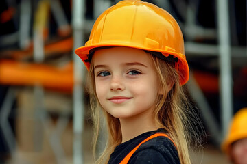 Girl in Hard Hat Construction Site Photo