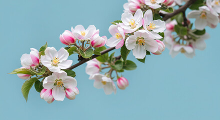 Rama de manzano en primer plano con flores abiertas y capullos contra fondo azul