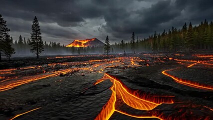 Lava flowing through a dark volcanic landscape with forest and clouds depicting nature raw power
