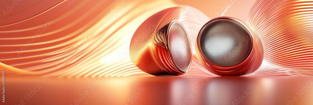Poster 3d speakers generate vibrant light waves in a modern setting with abstract patterns and soft shadows