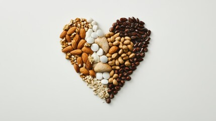 Obraz premium Heart shape composed of nuts and seeds on white background