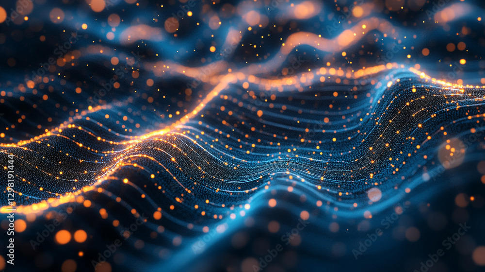 Poster abstract blue and orange glowing particle wave background design data flow dark light shiny style