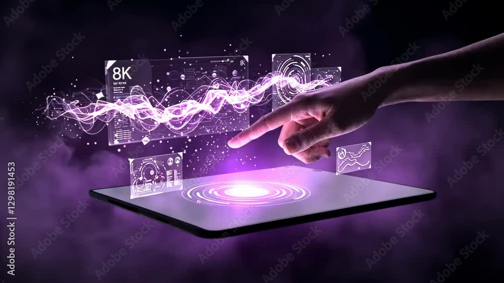 Poster hand interacting with a purple holographic interface with data visuals, representing futuristic tech