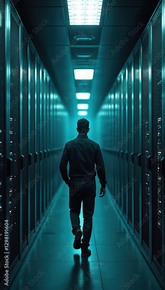 Poster silhouette of man walking through server room with blue light. digital network infrastructure, cloud
