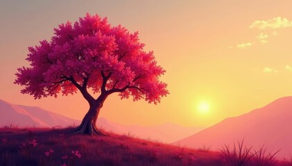 Warm orange hues dance across a lone pink tree's branches, sunset, foliage, nature