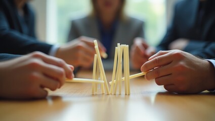 Drawing Straws. Site reliability engineering Psychological safety Virtual team building Mental coach Anomaly detection Surge Staffing BuildingConnected Leanix Delve ai Hands holding sticks balancing 