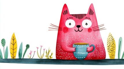 Cute Cartoon Cat Holding Coffee Cup Surrounded by Colorful Plants