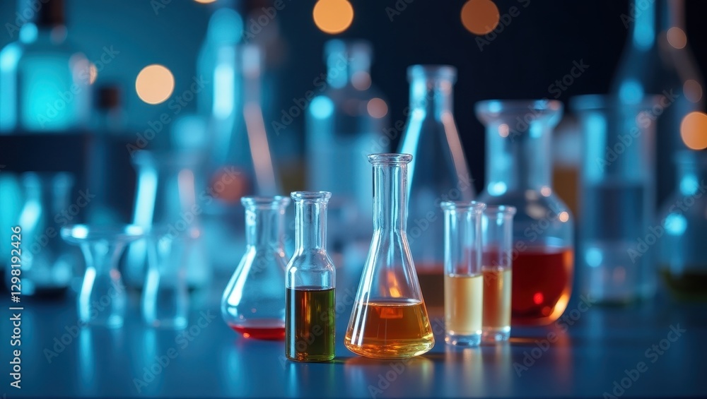 Aufkleber experimental sciences. bottles are filled with different colored liquids on table