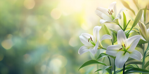 A close-up of delicate white lilies blooming in a lush green garden, bathed in golden sunlight, with a soft-focus background creating a serene and peaceful atmosphere. © Faseeh