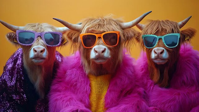 video of group of Scottish Highland cows dressed in sparkly rock-punk neon-colored outfits, with space for text. Ideal for commercial, editorial advertisements, or party invitations.
