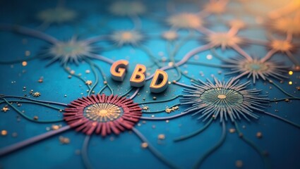 Gbd. Colorful gears network with GBD letters on blue background, techn