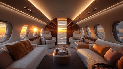 Luxury Private Jet Interior Golden Sunset Flight Above Clouds First Class Travel