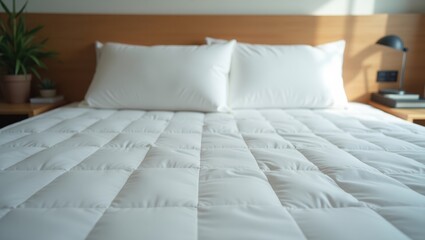 Grounding Sheets. White pillows on cozy bed with quilted blanket in mo