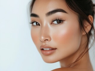 Fototapeta premium Elegant Asian woman with delicate skin and natural makeup, gazing at the camera, close-up portrait emphasizing skin tone and facial features, perfect for skincare advertising.