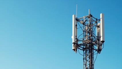 Ofdma. Telecommunication tower with white antennas against clear blue sky, technology infrastructure for wireless communication, 5G network concept, outdoor signal transmission background, modern con