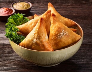 Samsa or samosas with meat and vegetables in bowl on wooden table
