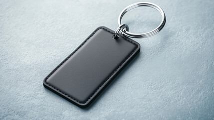 A sleek black keychain with a rectangular tag rests on a textured surface, offering a minimalist design ideal for personal or promotional use.