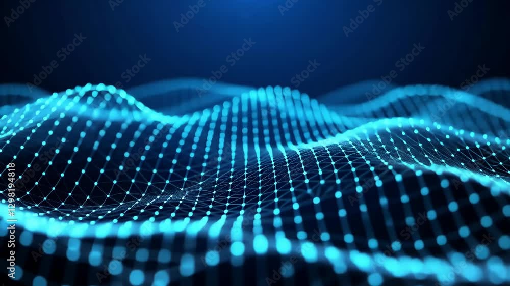 Poster blue digital wave grid with a flowing abstract pattern, illustrating futuristic technology and dynam