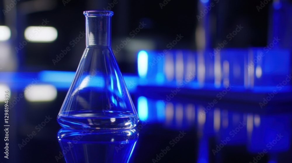 Poster close-up of a glass flask with chemical solution on a high-tech lab table, blue reflections in backg