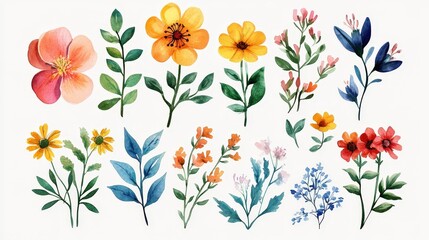 A symmetrical arrangement of uniquely shaped watercolor flowers blooms vibrantly, showcasing hues from delicate pinks to deep blues, creating an enchanting floral harmony