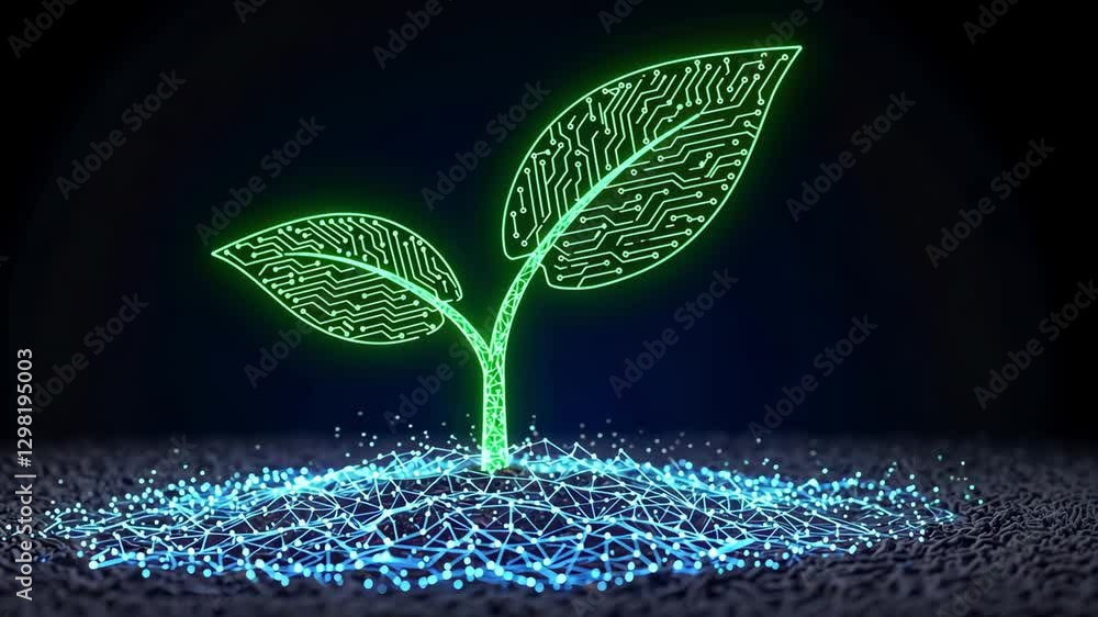 Poster digital seedling with green circuit leaves on a dark background symbolizing nature and technology fu
