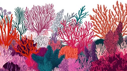 Vibrant Underwater Coral Reef Illustration. Colorful Marine Flora, Seaweed, and Ocean Plants in a Lush Aquatic Ecosystem Background.
