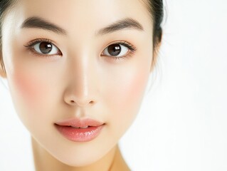 Fototapeta premium Elegant Asian woman with delicate skin and natural makeup, gazing at the camera, close-up portrait emphasizing skin tone and facial features, perfect for skincare advertising.