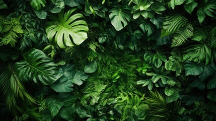 Fototapeta premium A vibrant close-up of lush green plants cascading down a textured wall, showcasing various leaf shapes and sizes, with sunlight filtering through, enhancing their vivid colors.