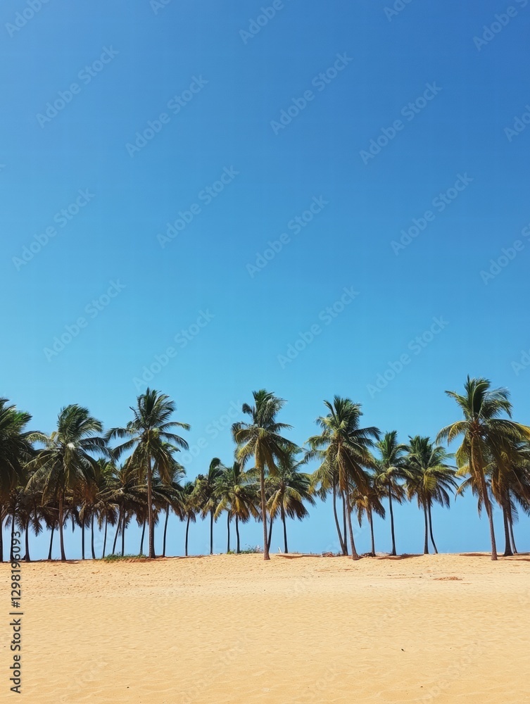 Poster Bright sunny day with palm trees lining a serene beach under a clear blue sky in a tropical location. Generative AI