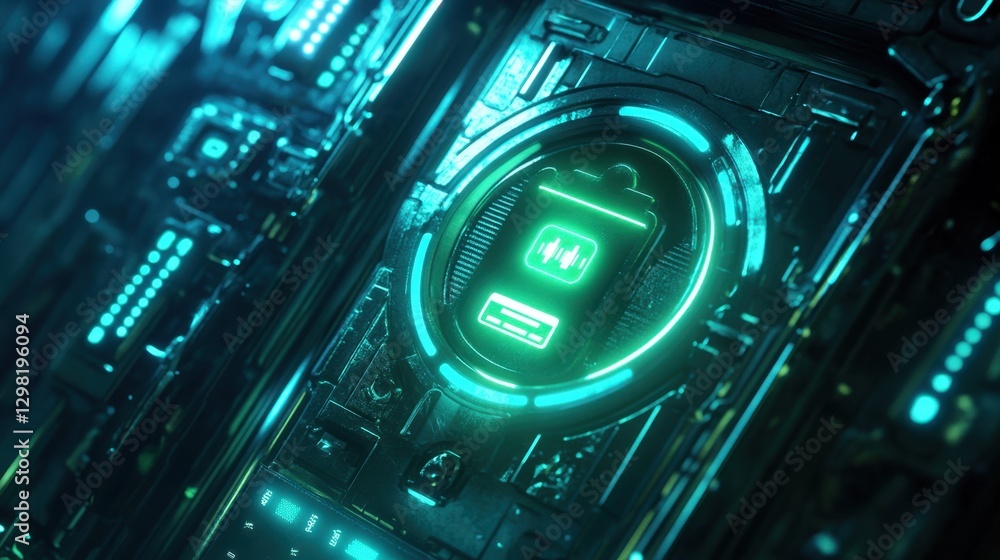 Poster close-up of a login screen with a password strength meter, glowing security icon