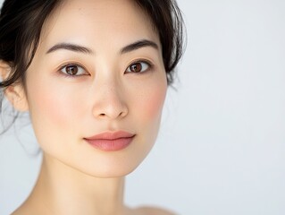 Obraz premium Elegant Asian woman with delicate skin and natural makeup, gazing at the camera, close-up portrait emphasizing skin tone and facial features, perfect for skincare advertising.