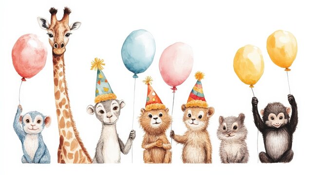 Colorful party scene in watercolor: Giraffe, monkey, squirrel, and squirrel cub don whimsical hats, celebrating with joyous flair