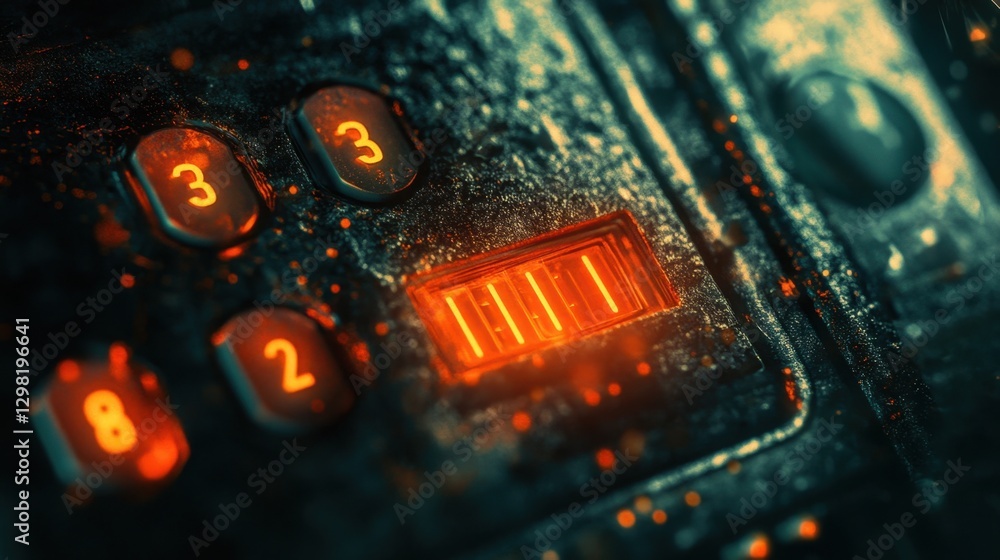 Poster close-up of a login screen with a password strength meter, glowing security icon